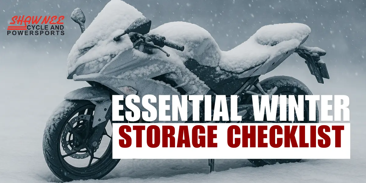 Honda, Yamaha, Kawasaki, and CFMOTO motorcycles stored for winter in a garage