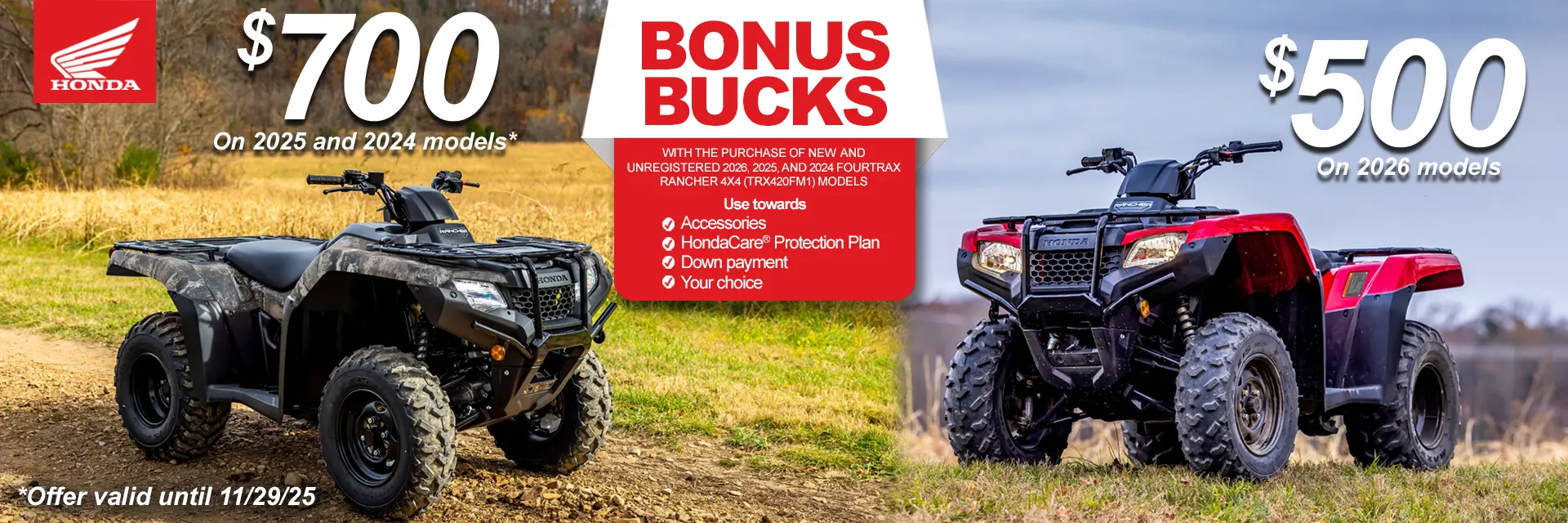 2024 26 Rancher Bonus Bucks November 2025 DX1 Powersports & Motorcycle Dealer near Kansas City MO,Motorcycles for sale,ATVs for sale,Side-by-Sides for sale,UTVs for sale,Sell Us Your Motorcycle,dirt bikes,Motorcycle Financing,Side-By-Side Financing,ATV Financing,Motorcycle test ride,Side-By-Side test ride,ATV test ride,Sell your motorcycle,sell your side-by-side,sell your atv