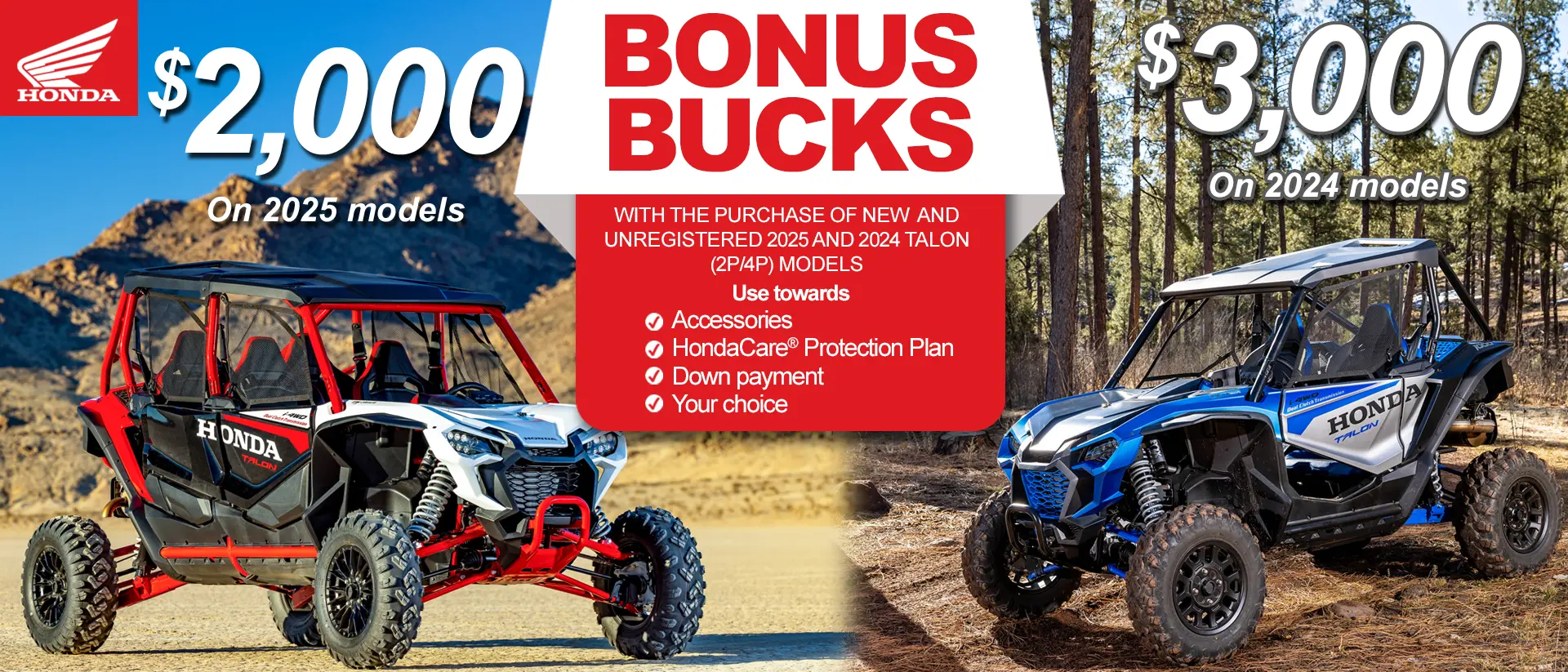 2024 25 Talon Bonus Bucks January 2026 DX1 Powersports & Motorcycle Dealer near Kansas City MO,Motorcycles for sale,ATVs for sale,Side-by-Sides for sale,UTVs for sale,Sell Us Your Motorcycle,dirt bikes,Motorcycle Financing,Side-By-Side Financing,ATV Financing,Motorcycle test ride,Side-By-Side test ride,ATV test ride,Sell your motorcycle,sell your side-by-side,sell your atv