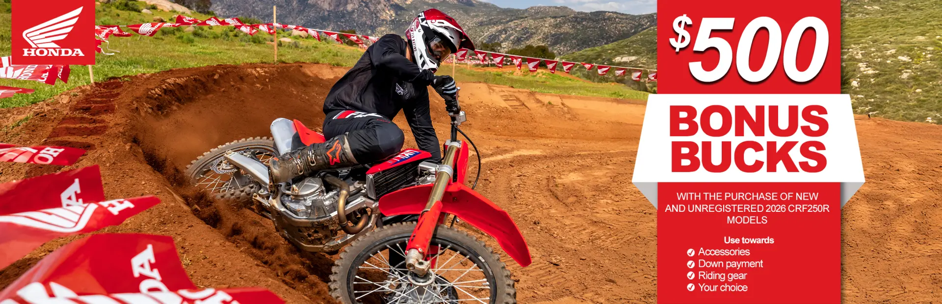 2026 CRF250R Bonus Bucks April 2026 Banner Powersports & Motorcycle Dealer near Kansas City MO,Motorcycles for sale,ATVs for sale,Side-by-Sides for sale,UTVs for sale,Sell Us Your Motorcycle,dirt bikes,Motorcycle Financing,Side-By-Side Financing,ATV Financing,Motorcycle test ride,Side-By-Side test ride,ATV test ride,Sell your motorcycle,sell your side-by-side,sell your atv